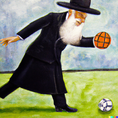 DALL·E 2022-12-12 19.55.37 - Expressive oil painting of a Hassidic rabbi with a Streimel and a long white beard playing football.png