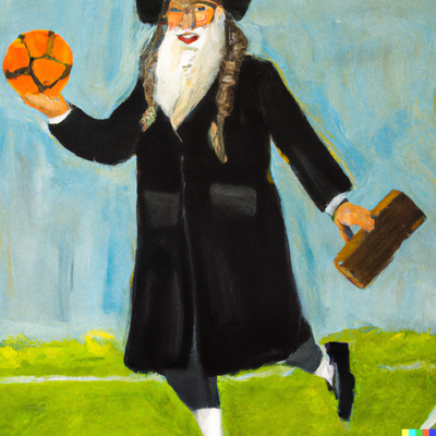 DALL·E 2022-12-12 19.55.33 - Expressive oil painting of a Hassidic rabbi with a Streimel and a long white beard playing football.png