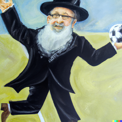 DALL·E 2022-12-12 19.45.16 - Expressive oil painting of a Hassidic rabbi with a Streimel and a long white beard playing soccer.png